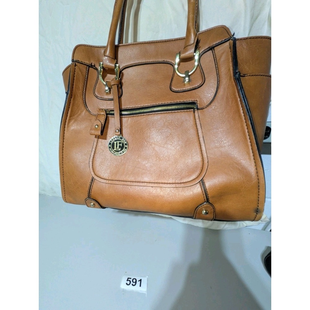 London Fog Brown Large Tote Bag Zip Pocket Plaid Lining Gold Hardware Charm